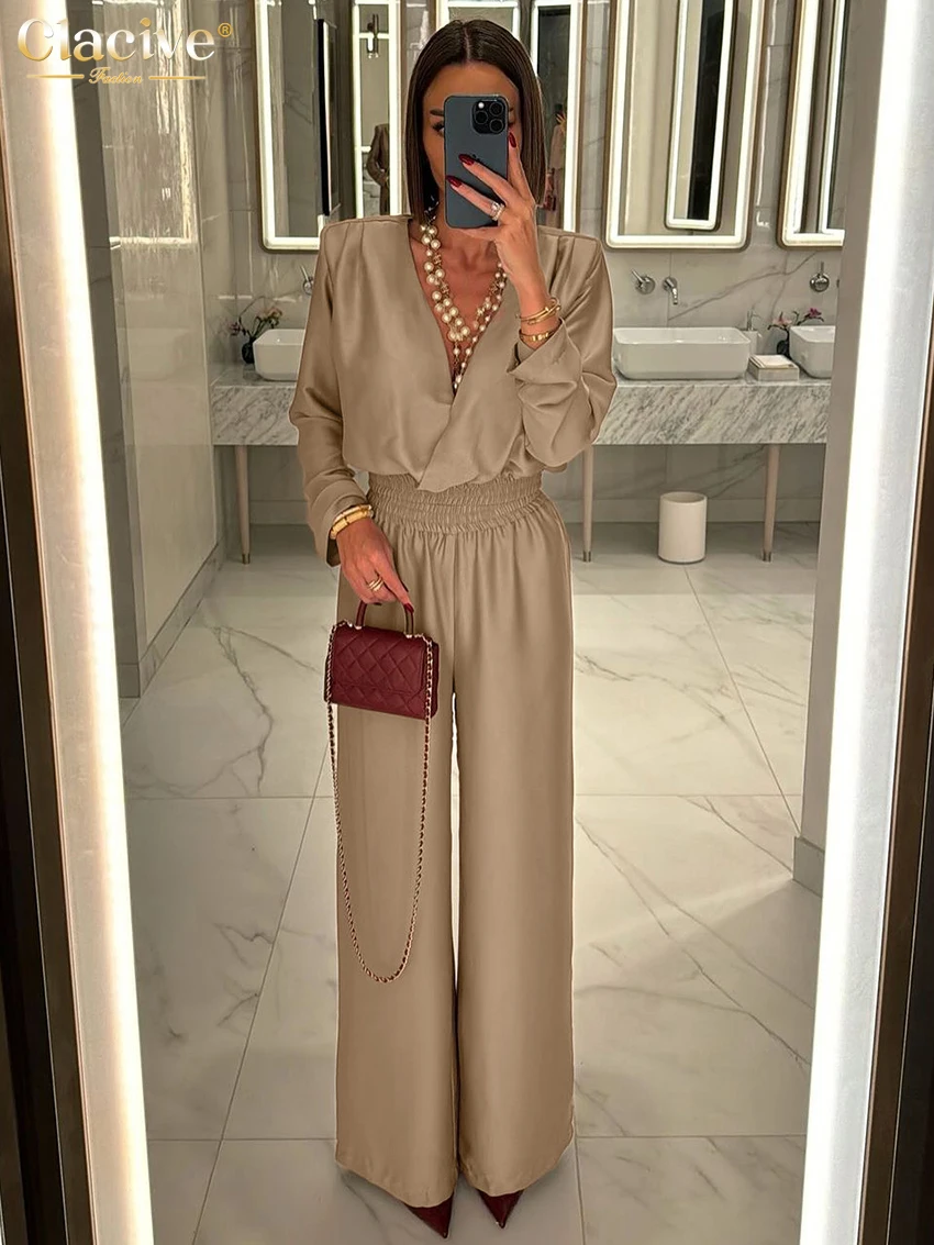 

Clacive Fashion Loose Khaki Satin 2 Piece Sets Women Outfit 2025 Elegant Long Sleeve Crop Top With High Waist Wide Pants Set