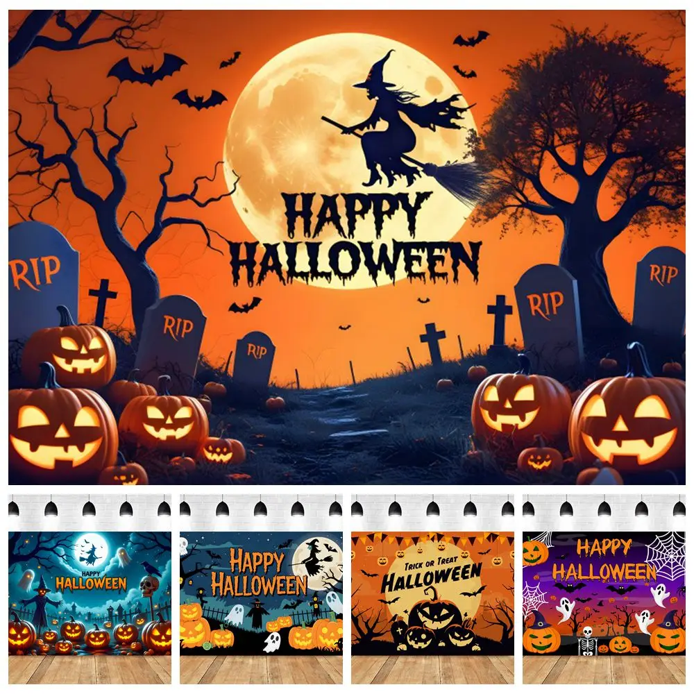 

Happy Halloween Photography Background Moon Witch Bat Pumpkin Lanterns Baby Kids Party Decor Photo Backdrop Banner Photo Studi