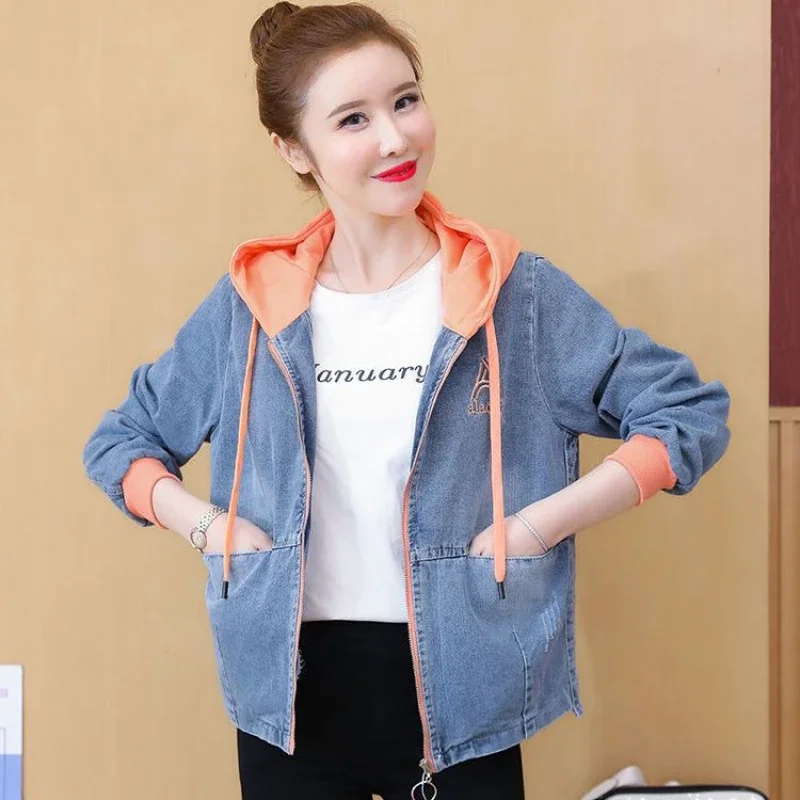 Outerwears Embroidered Spring Autumn Hooded Female Jeans Coat with Print Graphic Women\'s Denim Jackets Luxury Low Price Harajuku