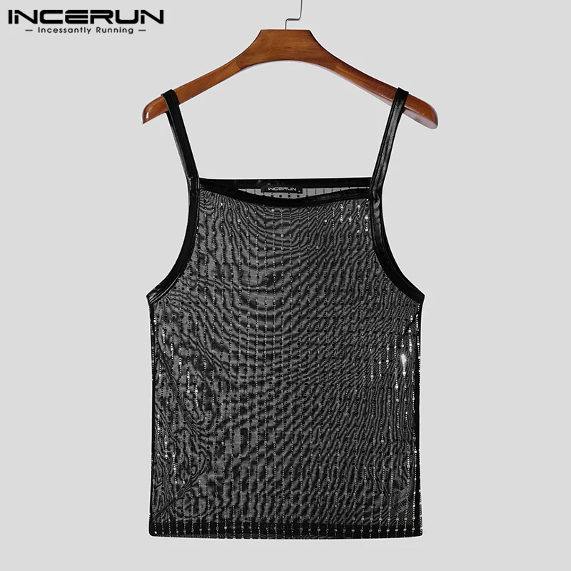 Party Nightclub Style Tops INCERUN New Men Perspective Striped Vests Casual Clubwear Male Hot Selling Thin Tank Tops S-5XL 2025