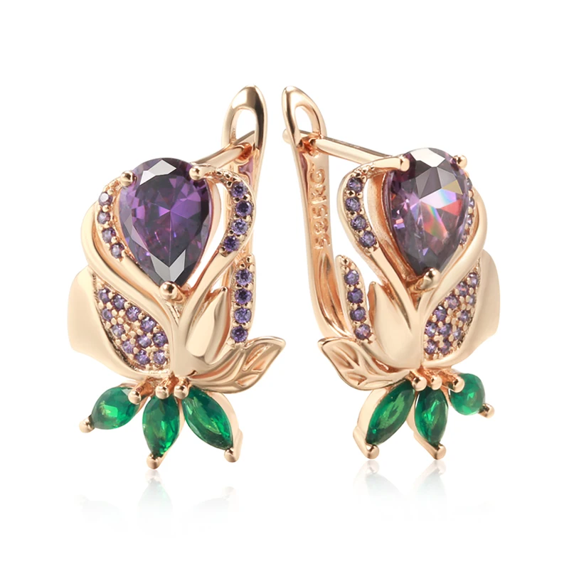 Kienl Vintage Purple Natural Zircon Flower Drop Earring High Quality Fine Daily Jewelry Women 585 Rose Gold Color Big Earring