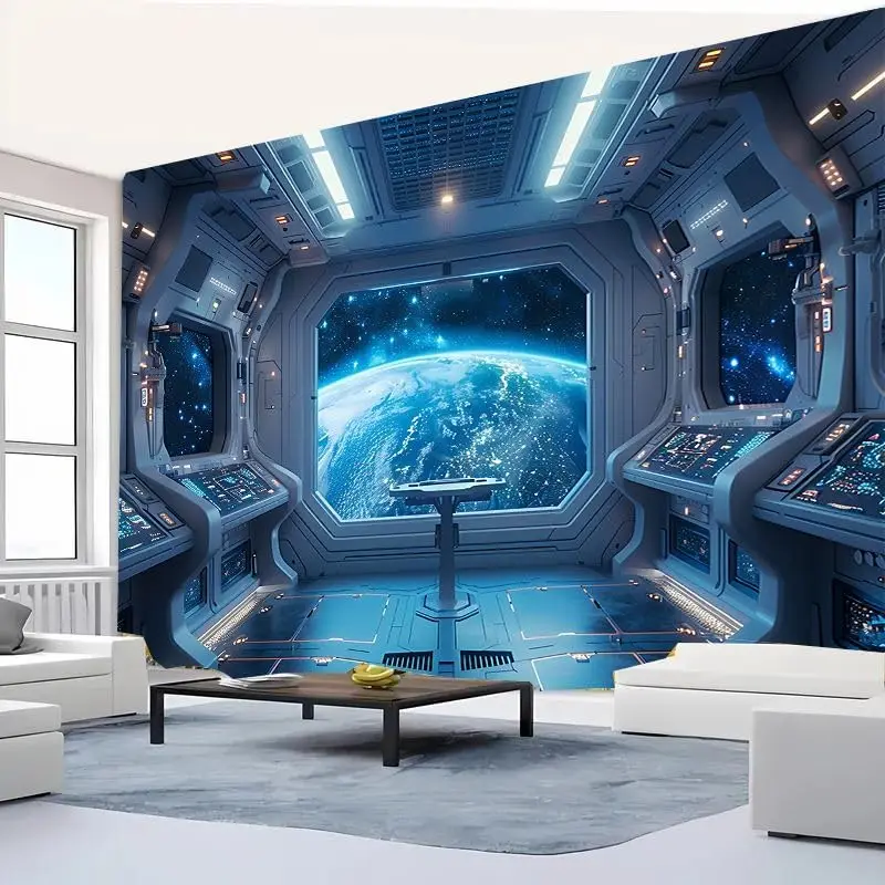 Spaceship Tapestry Universe Galaxy Outer Space Station Wall Hanging Futuristic Science Fiction Planet Earth Tapestries Bedroom