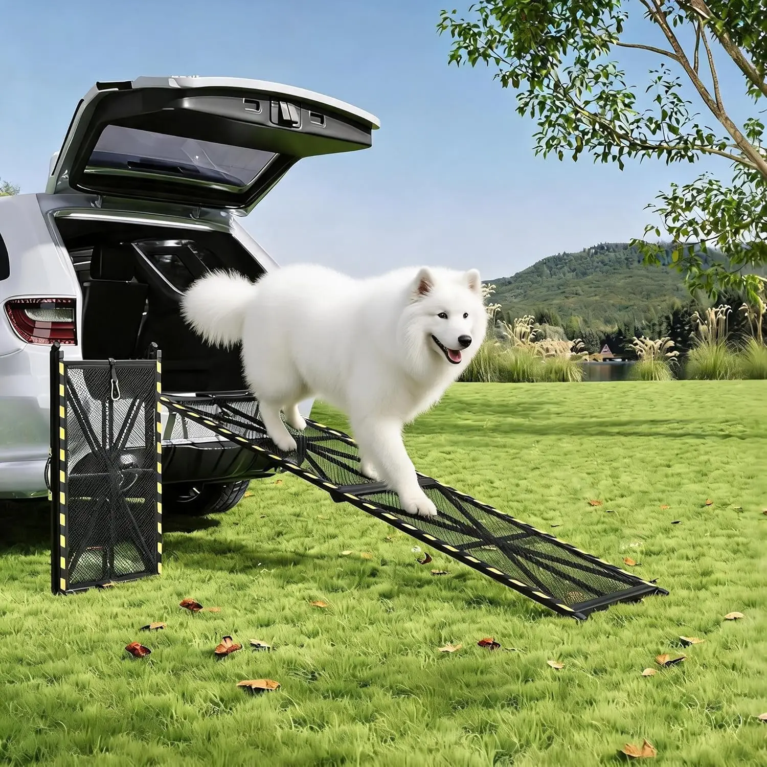 

63'' L & 17'' W Dog Ramp for Pets - Collapsible & Portable Steel Pet Ramp, Incline Access Ramp for Car SUV/Truck/RV/Bed, Lightweight Ramps with Non-Slip Mesh Up to 300LBS, Black