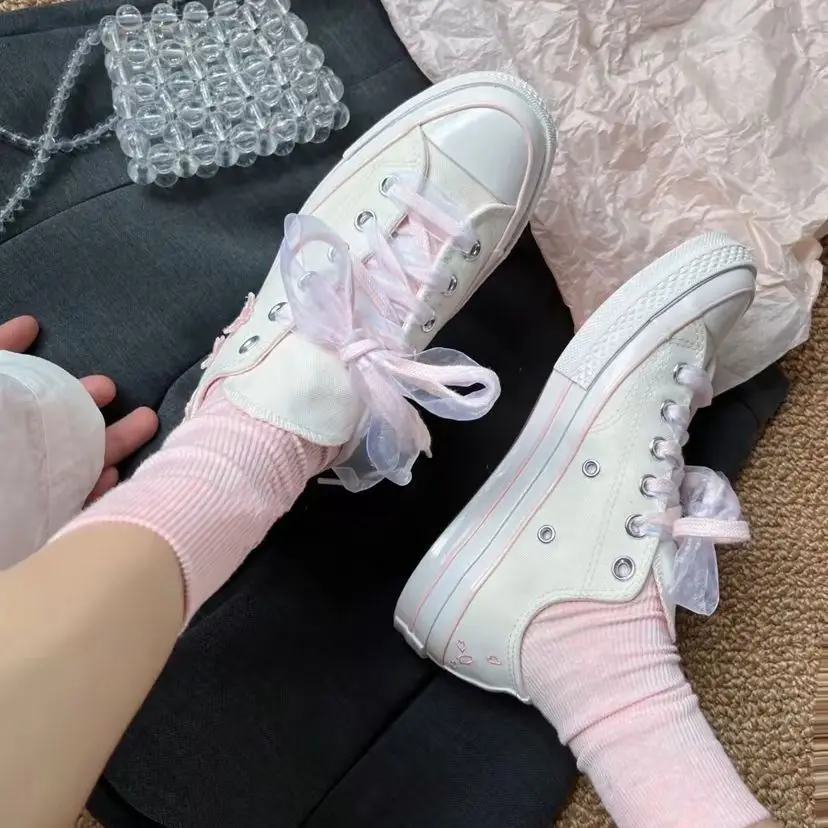 Womens Embroidery Canvas Sneakers Cherry Pink, Soft Silk Shoelace Design Low & High Top Casual Student Skate Footwear view 5