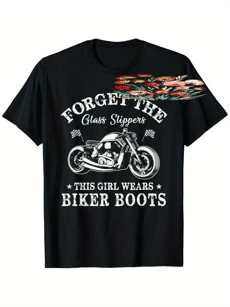 Forget the glass slippers, this girl is wearing a T-shirt with motorcycle boots-soft cotton casual O-neck motorcycle pattern.