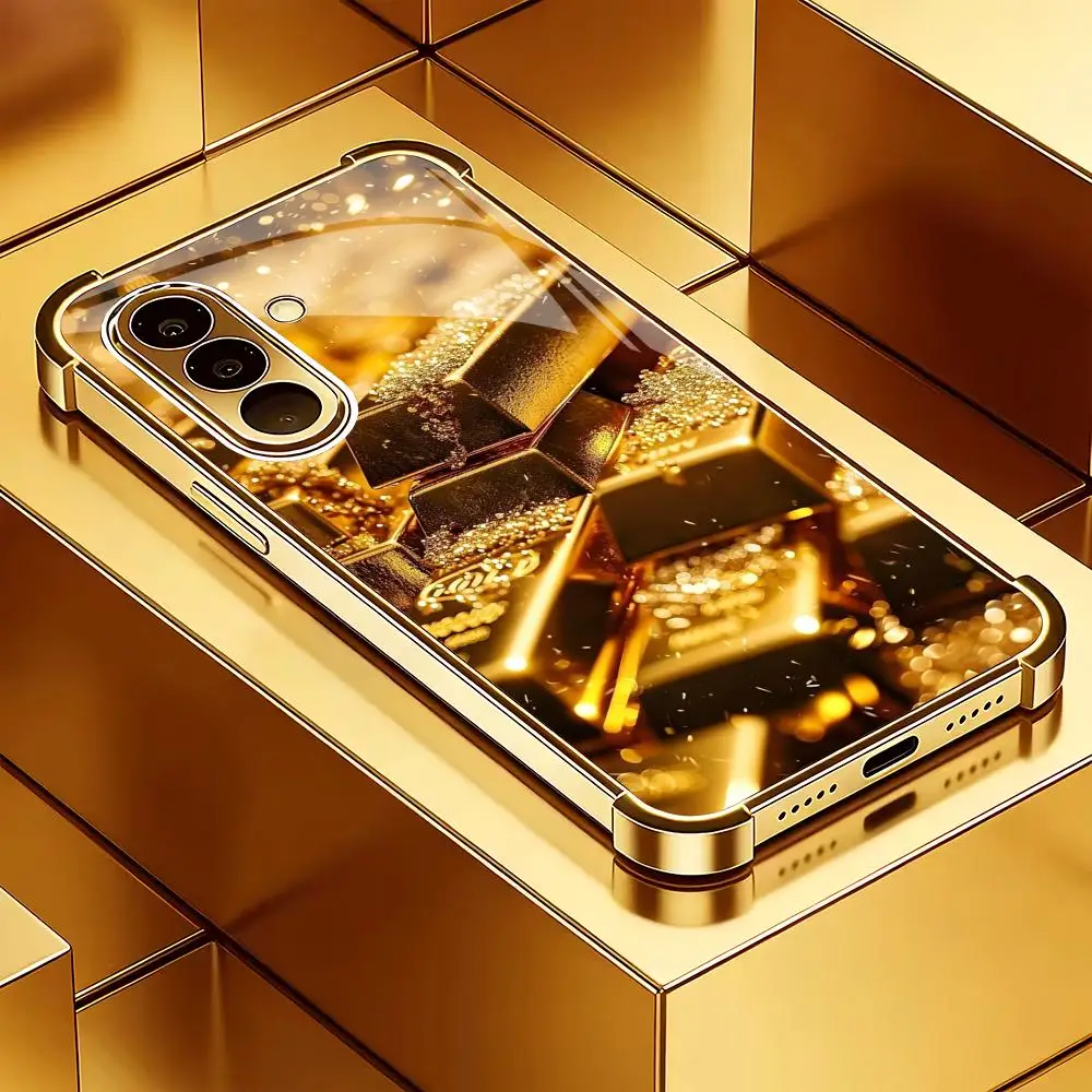 Gold brick patterned electroplated glass phone case suitable for Samsung Galaxy S26 S25 S24 S23 S22 S20 FE/Ultra/Plus anti drop
