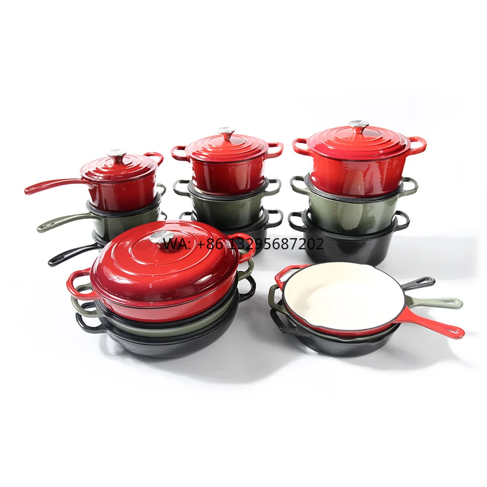 

Высококачественный многоцветный эмалированный чугунный набор посуды, современный дизайн, кастрюли для супа и стока, сковороды и сковорода для приготовления пищи