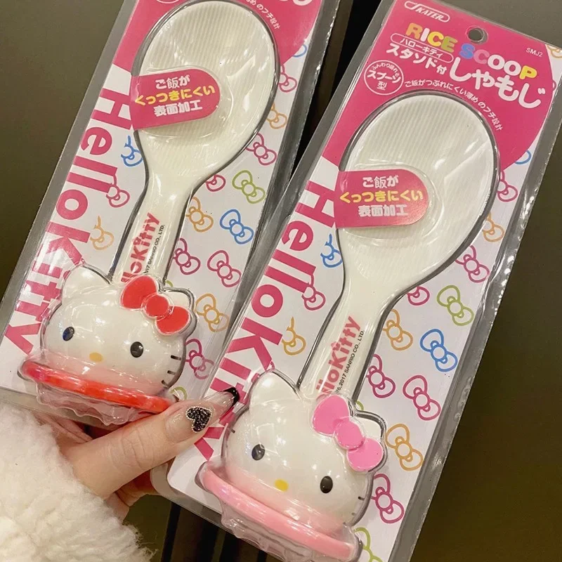 Sanrio Anime Hello Kitty 20cm Suction Cup Rice Spoon Non-stick Plastic Rice Cooker Girls Household Rice Shovel Kawaii Spoon