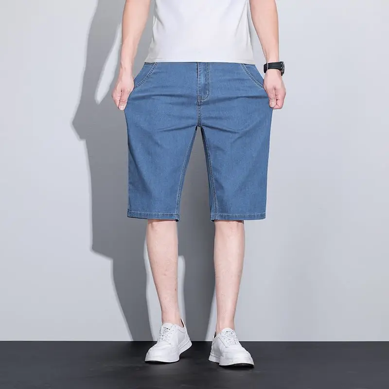 New Summer Men's Denim Shorts Fashion Solid Color Casual Loose Multi-pocket Straight Five-minute Pants Elastic Knee Denim jorts