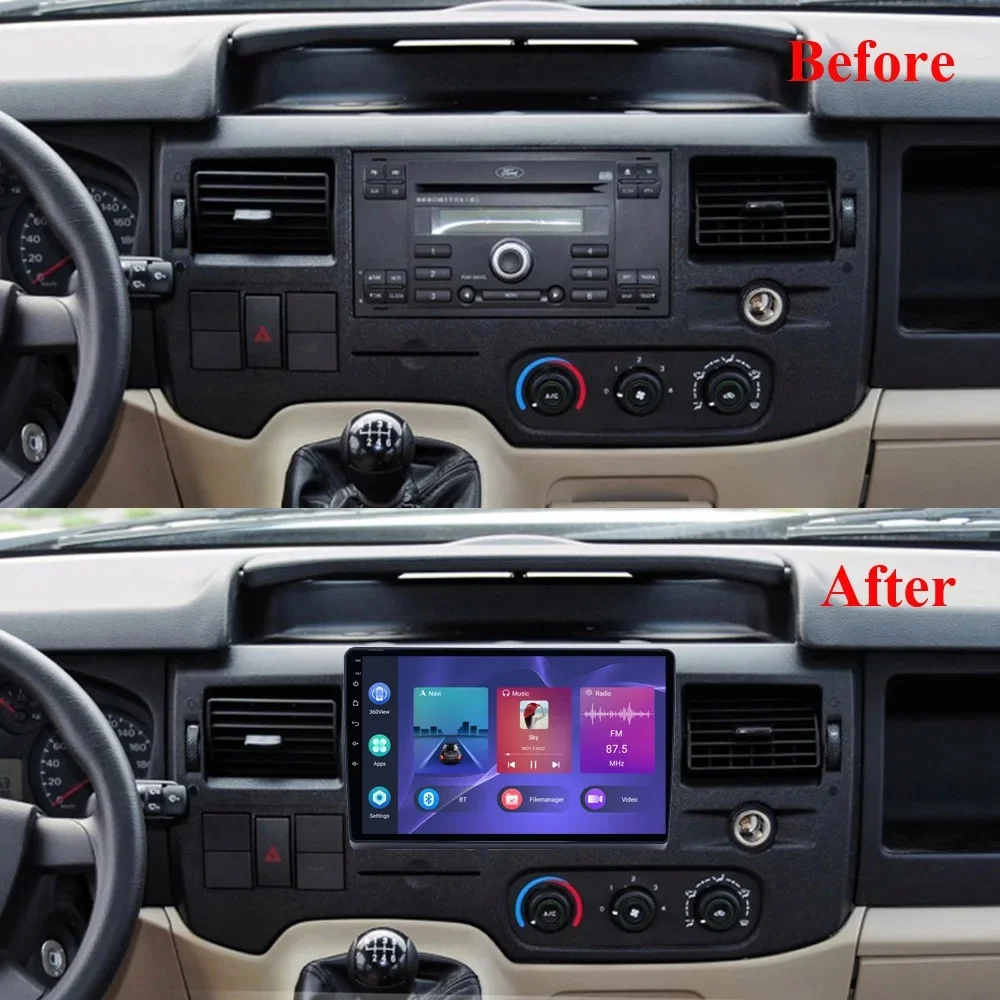 Autoradio Android per Ford New Transit 2009-2019 Lettore multimediale Carplay wireless Schermo da 9 pollici Navigazione autoradio stereo 2Din