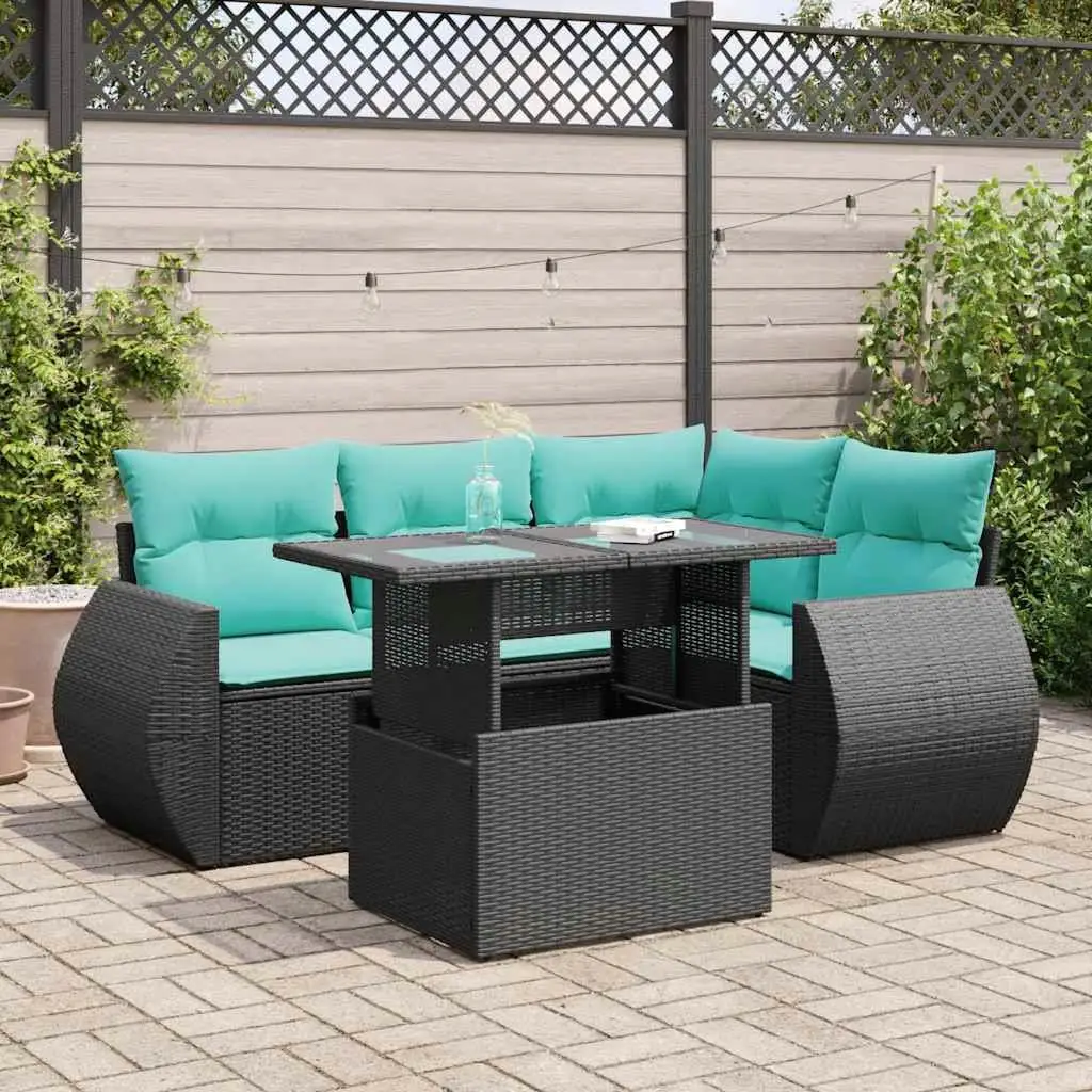 

5 Piece Outdoor Patio Sofa Set Cushions Rattan Furniture Black Acacia Wood Stylish Garden Lounge Set