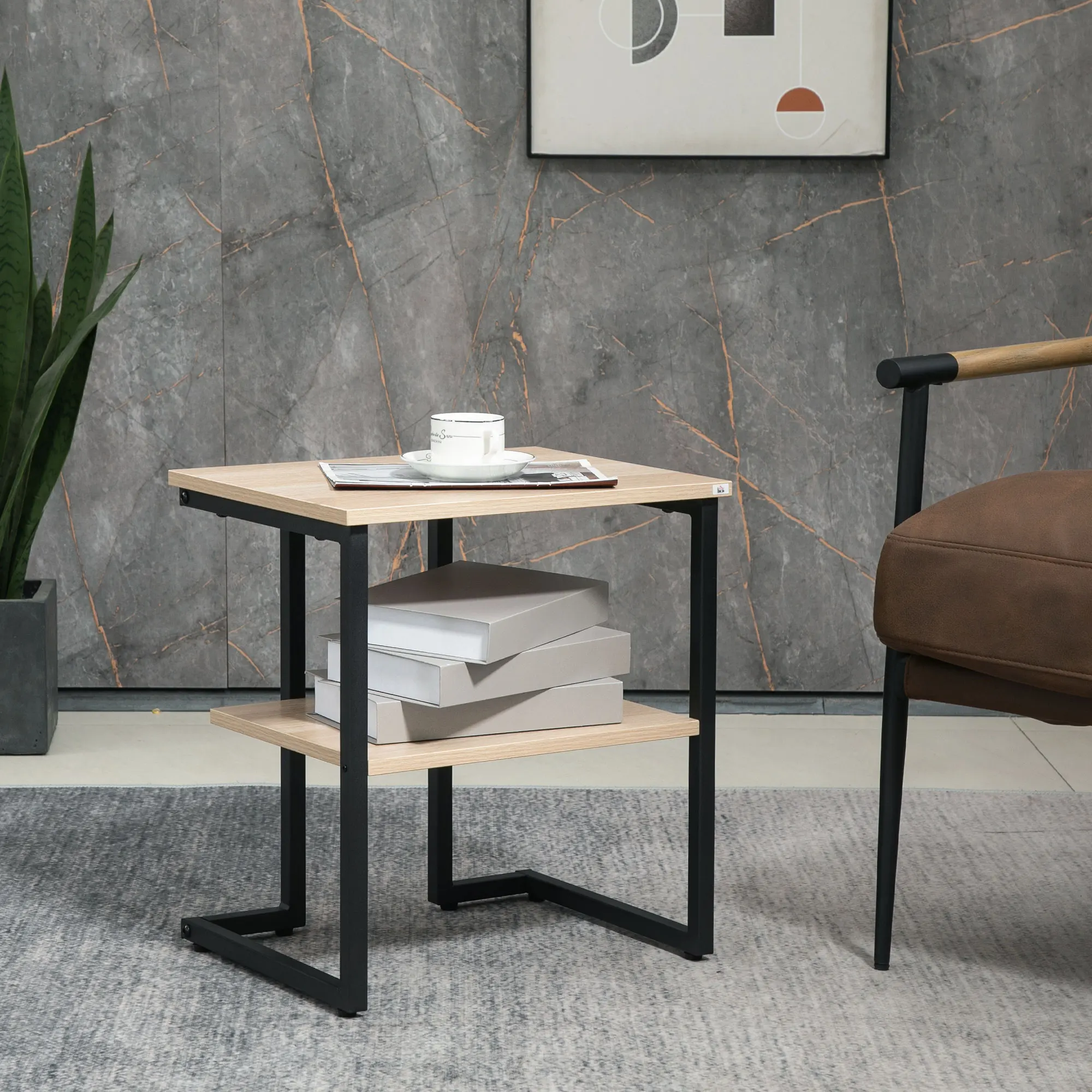 Homcom Madera Natural Mesa Auxiliar De 2 Estantes Mesita De Salón Para Dormitorio 45X35x48 Cm