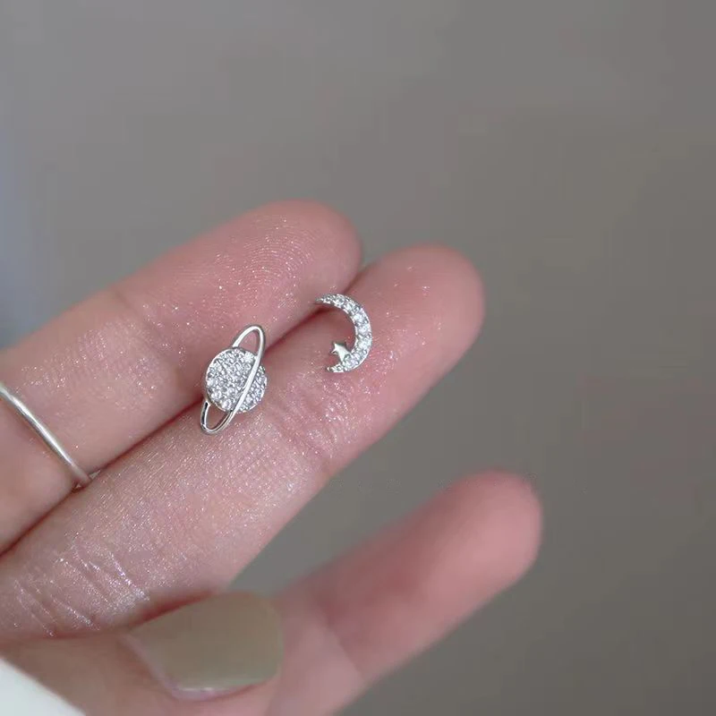 Simple Piercing Stud Earrings for Women Star Moon Zircon 925 Silver Needles Tragus Cartilage Asymmetry Pendiente Plata Jewelry