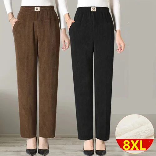 Imagen 2 del producto Pantalones elásticos de pana de cintura alta para mujer, pantalón holgado informal de lana, cálido y recto, 7XL8XL, Otoño e Invierno