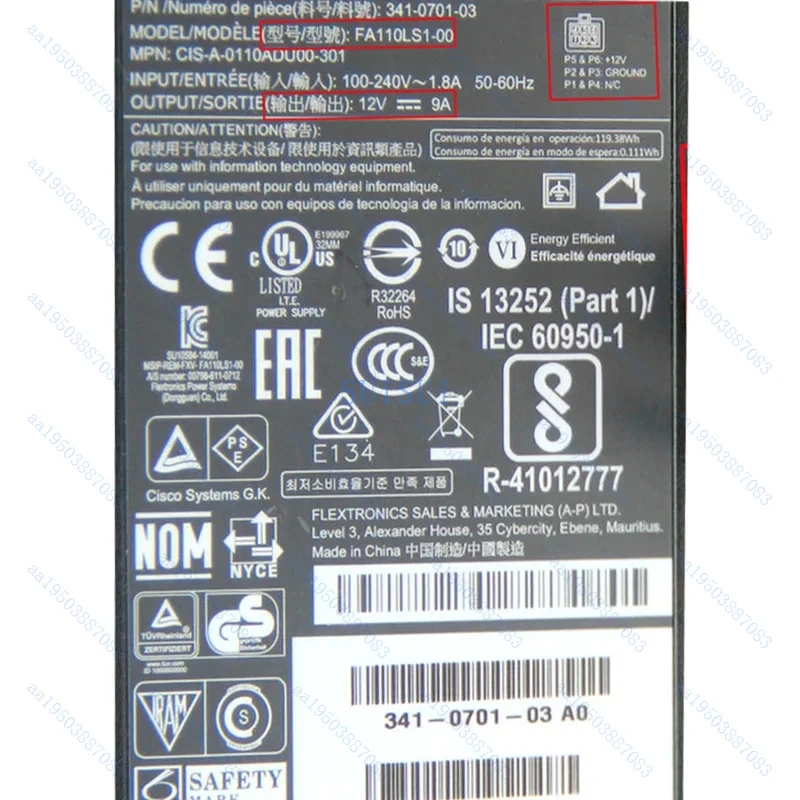 used FA110LS1-00 341-0701-03 for FLEXTRONICS 12V 9A 108W Power Adapter Cable Special 6 Holes