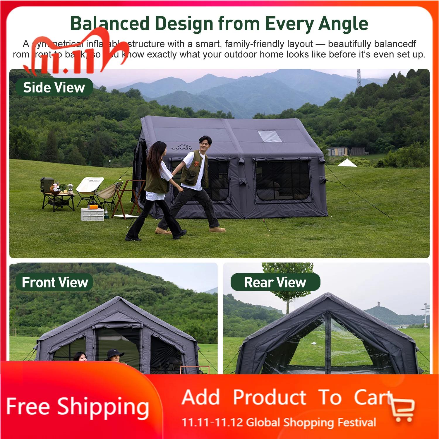 Coody 13.6 Gray Foldable Air Tent Large Luxury Inflatable Camping Tent For 4-8 People Family Outdoor Use