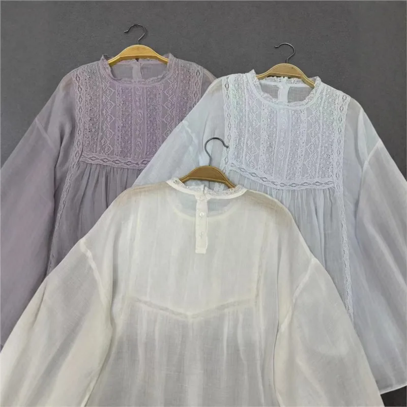 Johnature verão novo retro pulôver renda ramie solto camisa de manga de três quartos 2025 novo casual fino simples blusas femininas