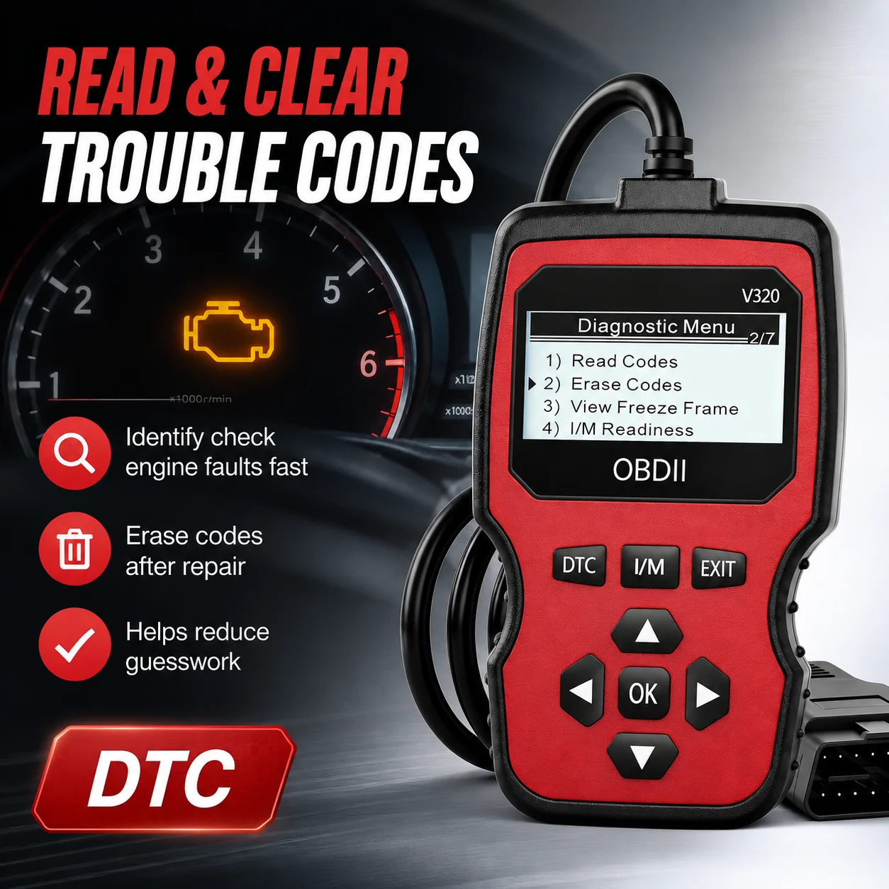 OBD2 Diagnostic Scanner Tool - Engine Fault Code Reader, with Real-Time Data Stream, Battery Test, and Code Erase