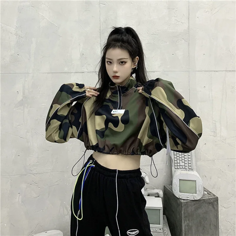 Hikigawa Chic Fashion Women Harajuku All Match Camouflage Pullover Sweatshirts Streetwear Casual Y2k Outerwear Crop Tops Mujer