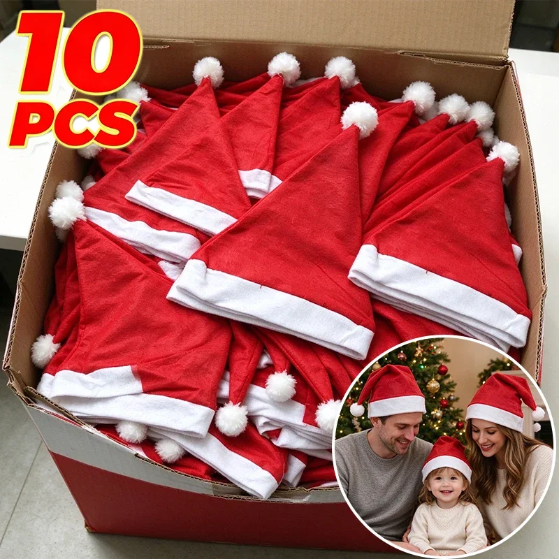 1-10pcs Red Merry Christmas Hats Non-woven Santa Claus Hats for Adults Kids Xmas New Year Caps Festival Party Decoration Gifts
