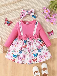 Baby Girl Spring and Autumn Bow Print Fake Two Piece Spliced Long sleeved Dress