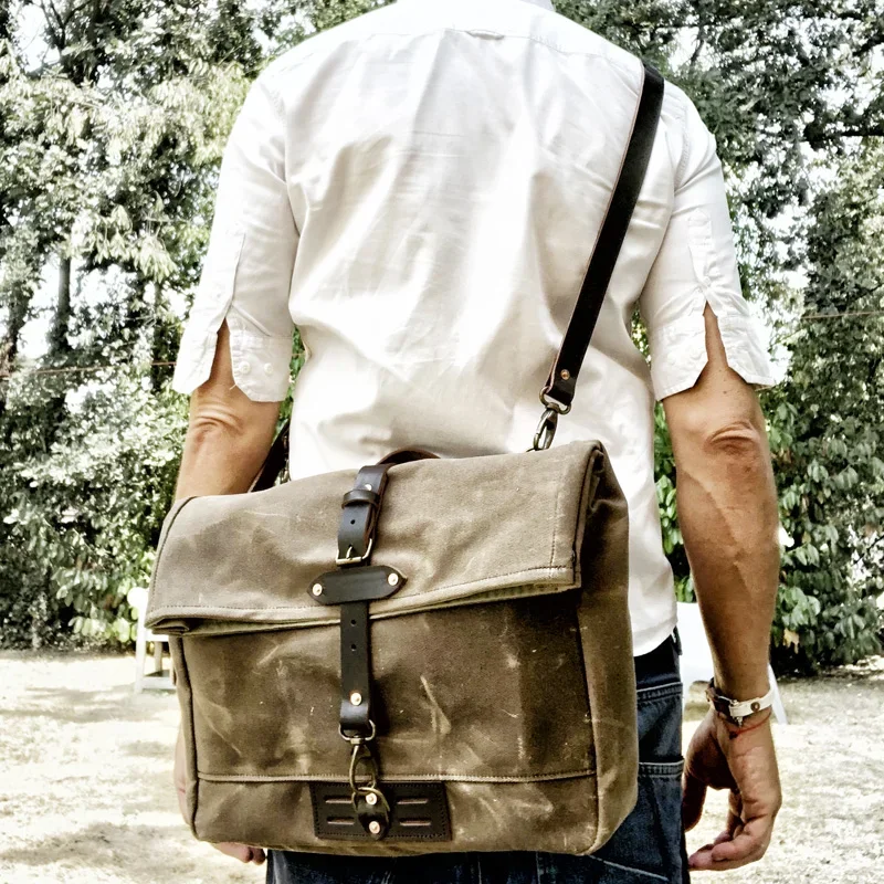 A4 Fit Waxed Canvas Messenger Bag Multi Color Vintage Distressed Leather Brass Buckles Crossbody