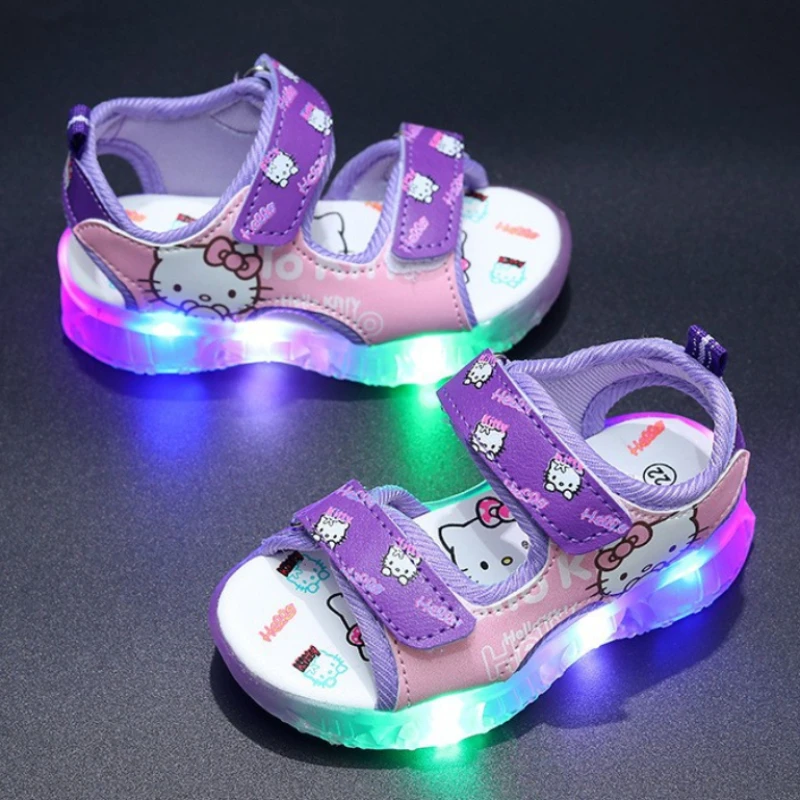 2024 Summer New Baby Led Light Girls Sandals Cute Hello Kitty Children\'s Casual Shoes Anti-slip Kids Beach Shoes Outdoor Shoes