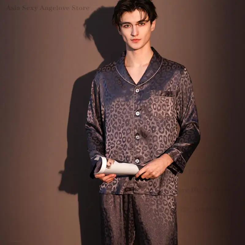 

Long Sleeved Leopard Print Pajamas Set Men's Plus Size 3XL Sleepwear Satin Trouser Pyjamas Suit Fashion Casual Home Clothing