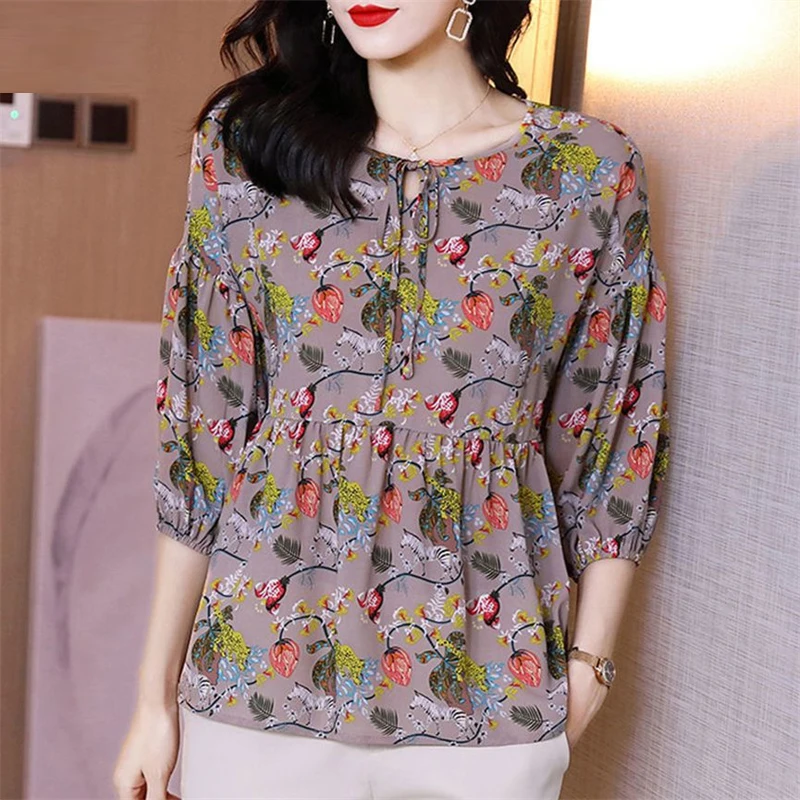 Women\'s Korean Fashion Floral Print Blouse Elegant Ruffles Lace Up Half Sleeve Shirt Casual O Neck Loose Tops Blusas Para Mujer