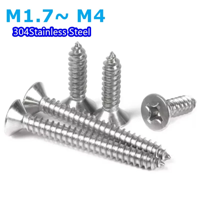 M1.4 M1.7 M2 M2.2 M2.6 M3 M3.5 M4 304 Stainless Steel Cross Recessed Countersunk Flat Head Tapping Screws Wood Screw