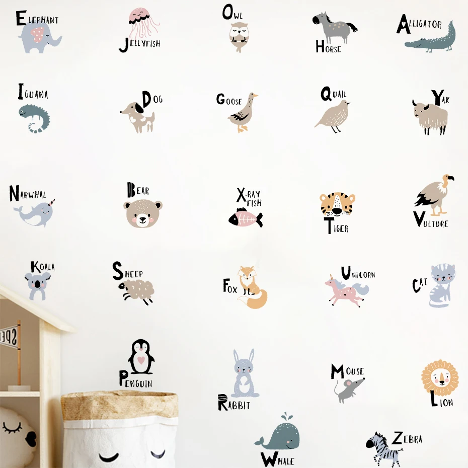 Lindos animales alfabeto palabras en inglés pegatinas de pared para niños para impermeable extraíble PVC habitación de niños jardín de infantes decoración del hogar