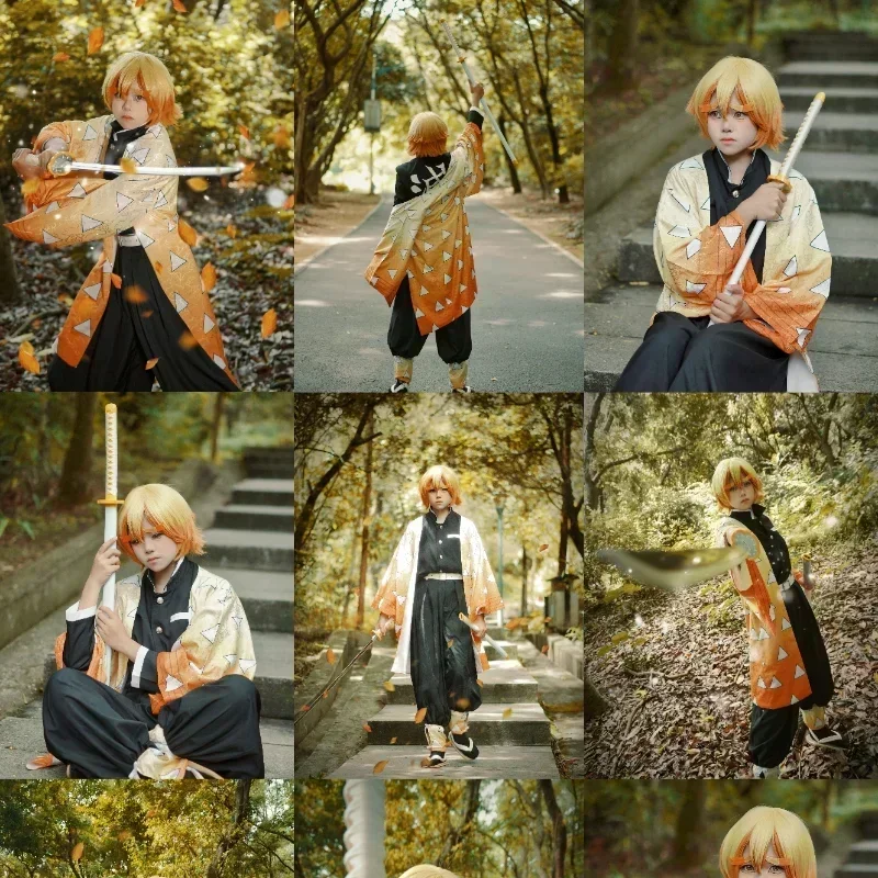 Anime Agatsuma Zenitsu Costume Cosplay Kimono abbigliamento di Halloween parrucca uniforme da festa donna bambini