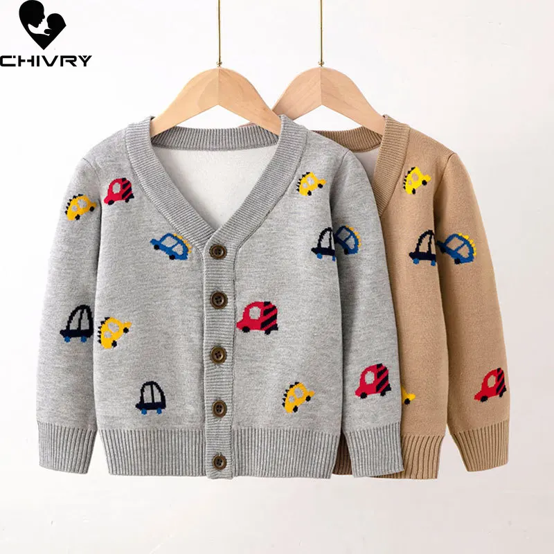 Baby Boys Girls Autumn Winter Thick Cardigans Kids Cartoon Car Jacquard V-neck Long Sleeve Knit Coat Sweaters Children Clothing