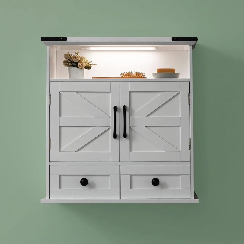 

Bathroom Wall Cabinet, 23x25 Inch Farmhouse Medicine Cabinet Over Toilet With Drawer 2 Doors, Motion Lighting & Adjustable Shelv