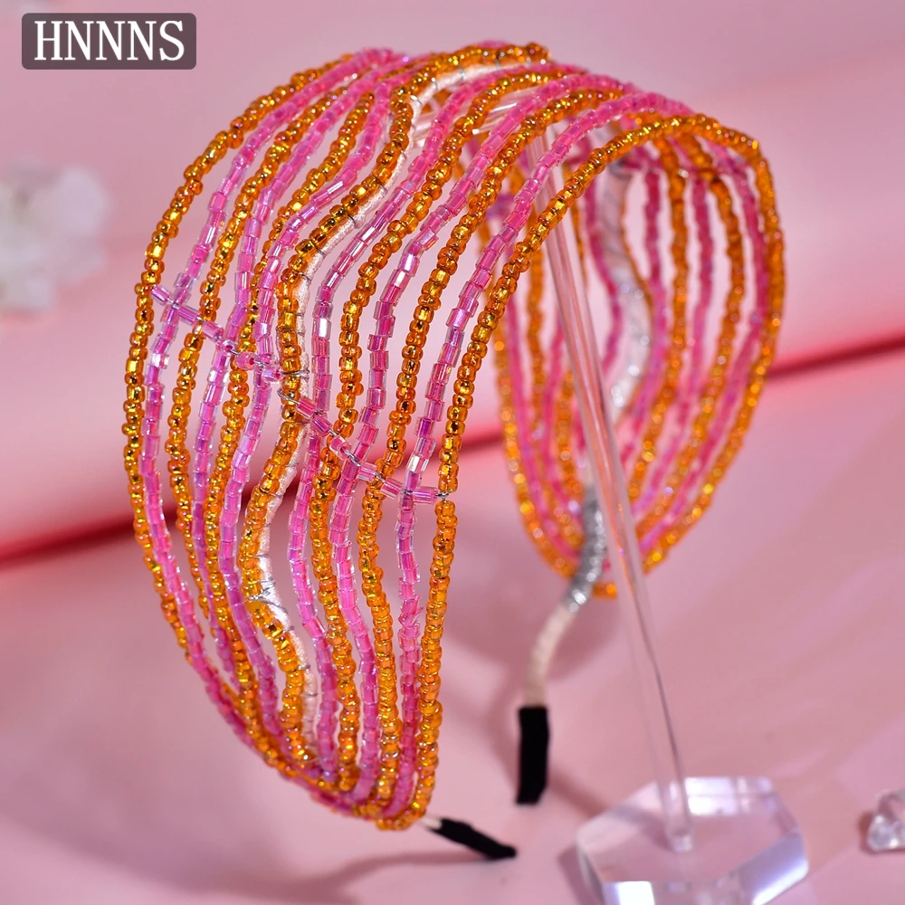 

HNNNS Sweet Women's Wide Hair Bands Pink Crystal Beaded Headdress Beach Party Fashion Accessories Fine Wedding Headbands A302