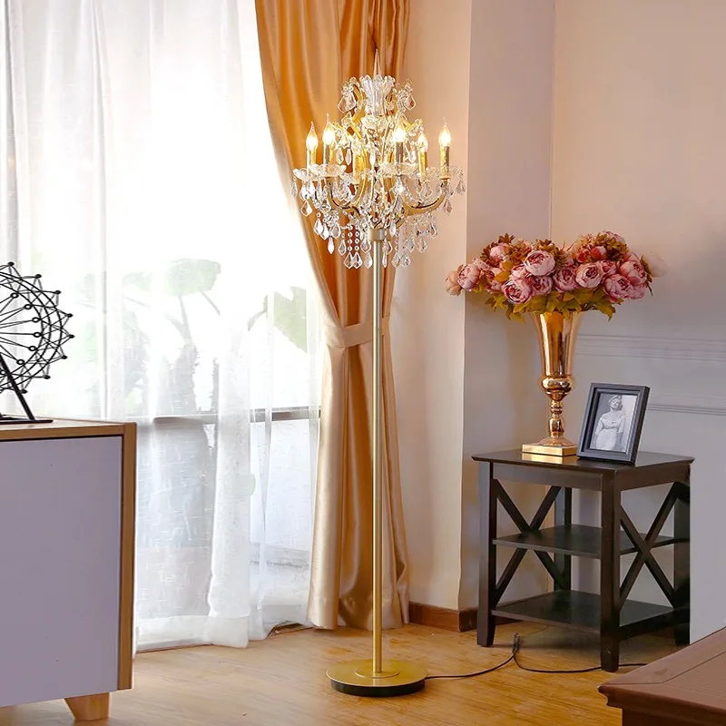 European Luxurious Crystal Floor Lamps Retro Living Room Villa Restaurant Coffee Shop Room Decoration Dimming LED Vertical Light