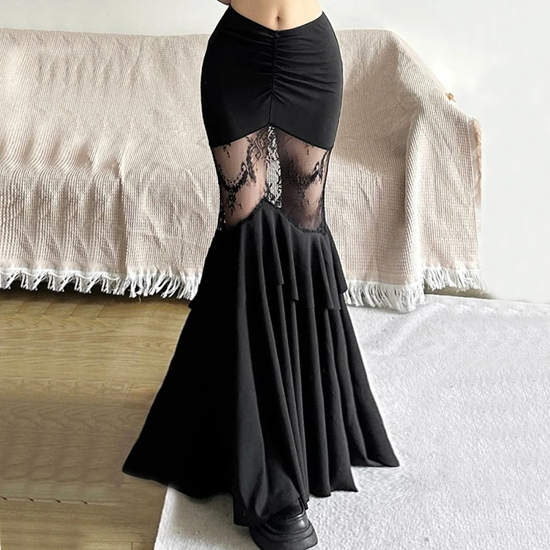 Gothic Black High Waist Skirt Women Y2K Harajuku Punk See-Through Skirt Sexy Hollow Out Streetwear Chic Slim Mermaid Skirt New
