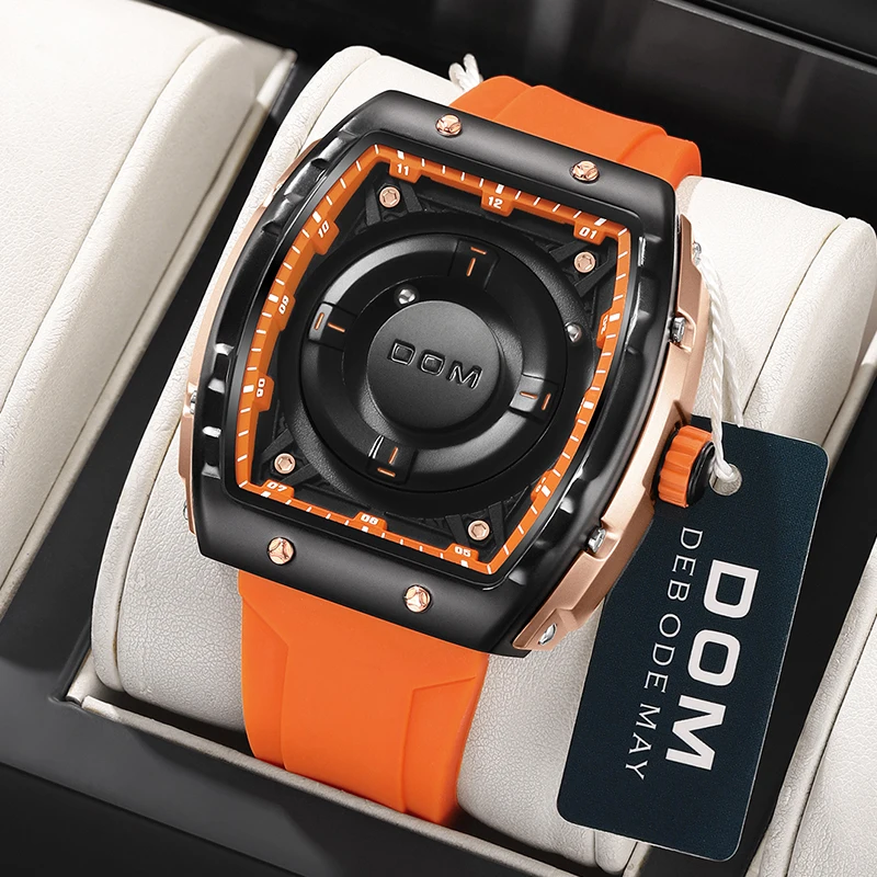 

DOM Magnetic Watches for Man 1796 New Wormhole Tonneau Watch Sports Silicone Strap Waterproof Men Watch Quartz Wristwatches
