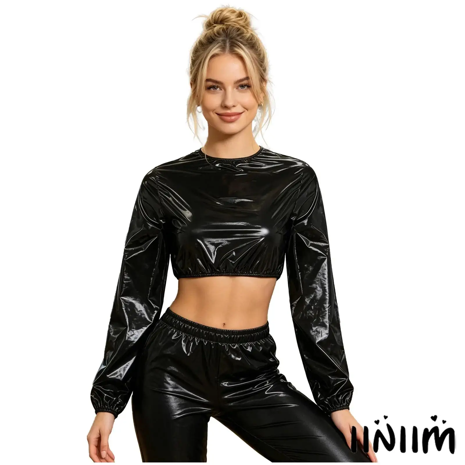 Fashion Women Glossy Waterproof Crop Top Long Sleeve Crew Neck Back Zipper Nightwear T Shirt Clubwear for Rave Party Nightclub