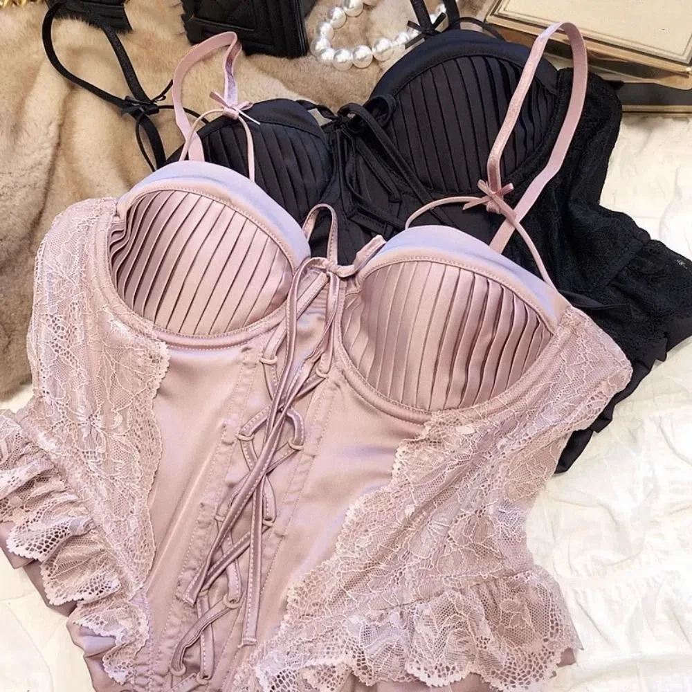 

Милый жилет на шнуровке во французском стиле, топ на тонких бретельках, облегающий атласный корсет, топ, холст, укороченный топ без рукавов с морщинами