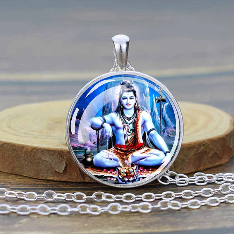 God Shiva Vishnu Hinduism Glass Cabochon Pendant  Necklace Men Women Silver Color Chain Necklace Indian Jewelry