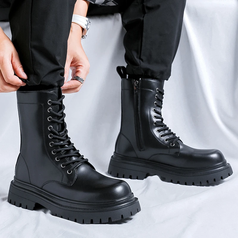 Dicke Sohlen Plattform Männer Echtes Leder Stiefel Luxus Designer Runde Kappe High Top Stiefel Mode Trends Straße Seite Zipper Schuhe