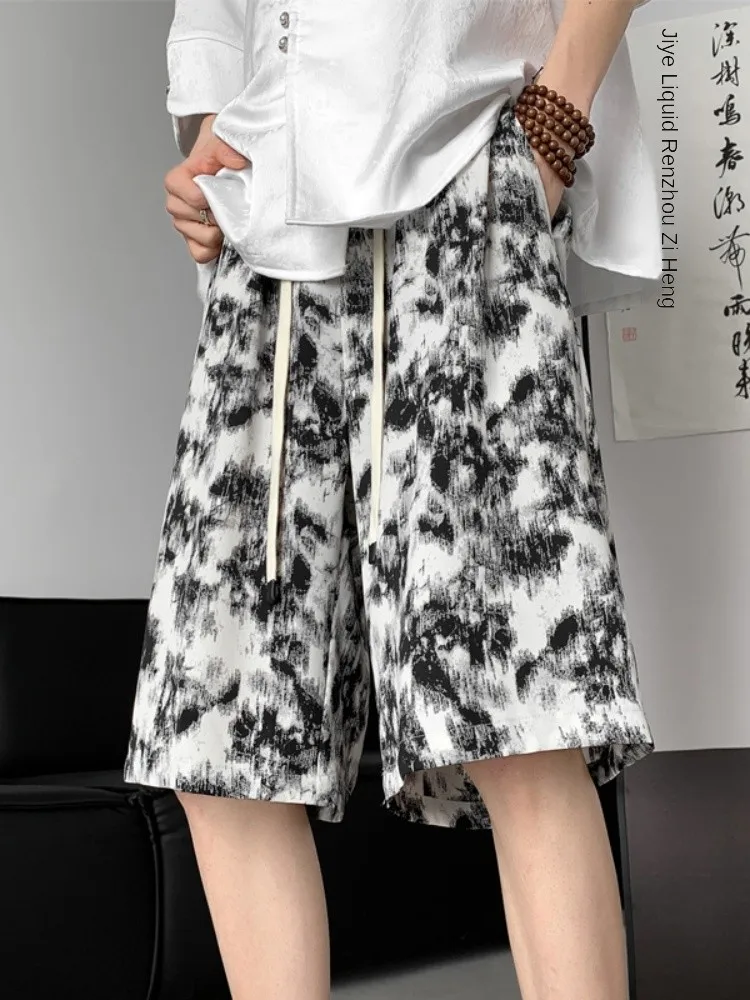 Summer Thin Loose Ice Silk Five-Part Men's Shorts Water-Media Printing New Chinese Style National Trend Beach Pants Casual St...
