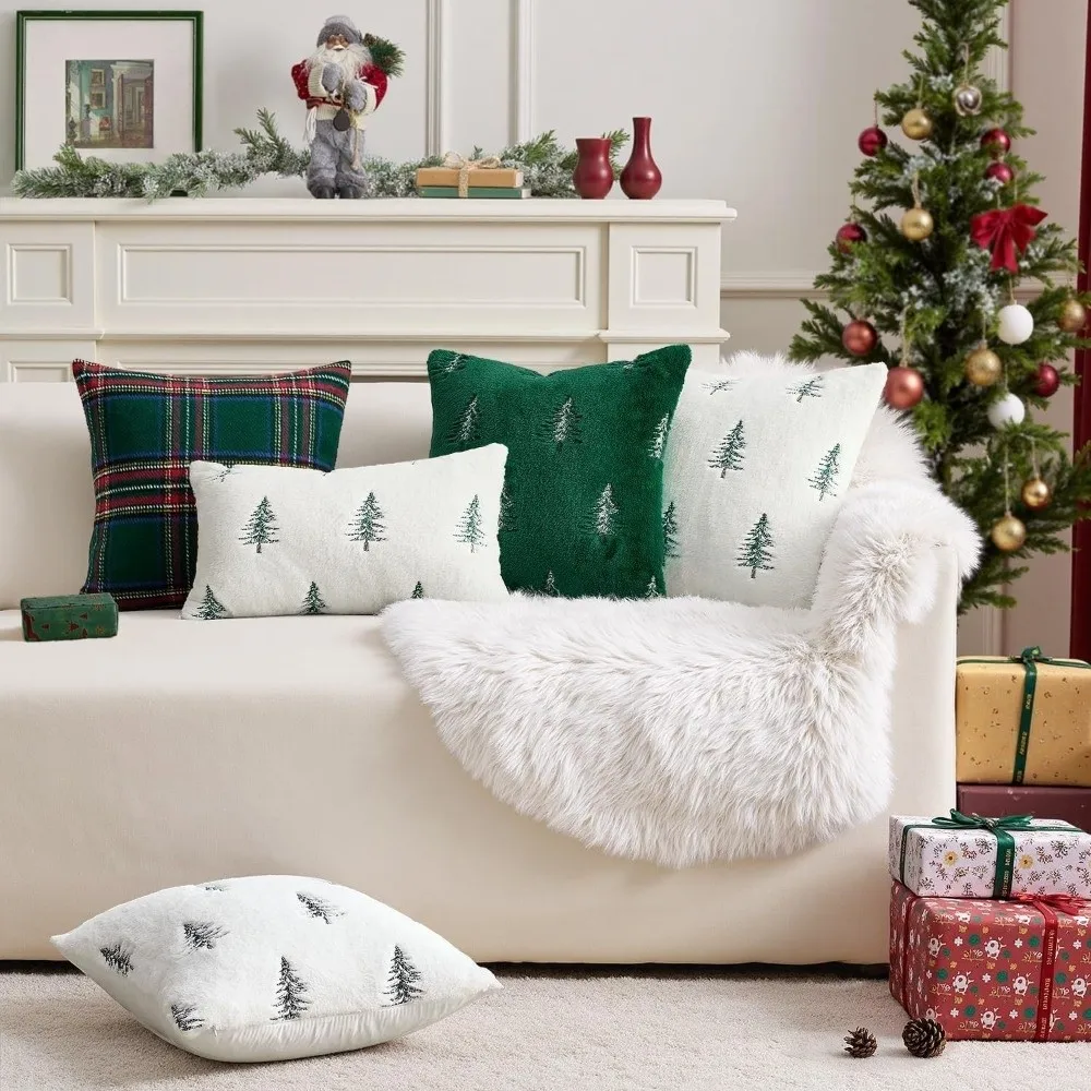 Soft Faux Rabbit Fur Throw Pillow Cover Christmas Tree Pattern Cozy Fluffy Pillowcase 45x45cm White Cushion Cover