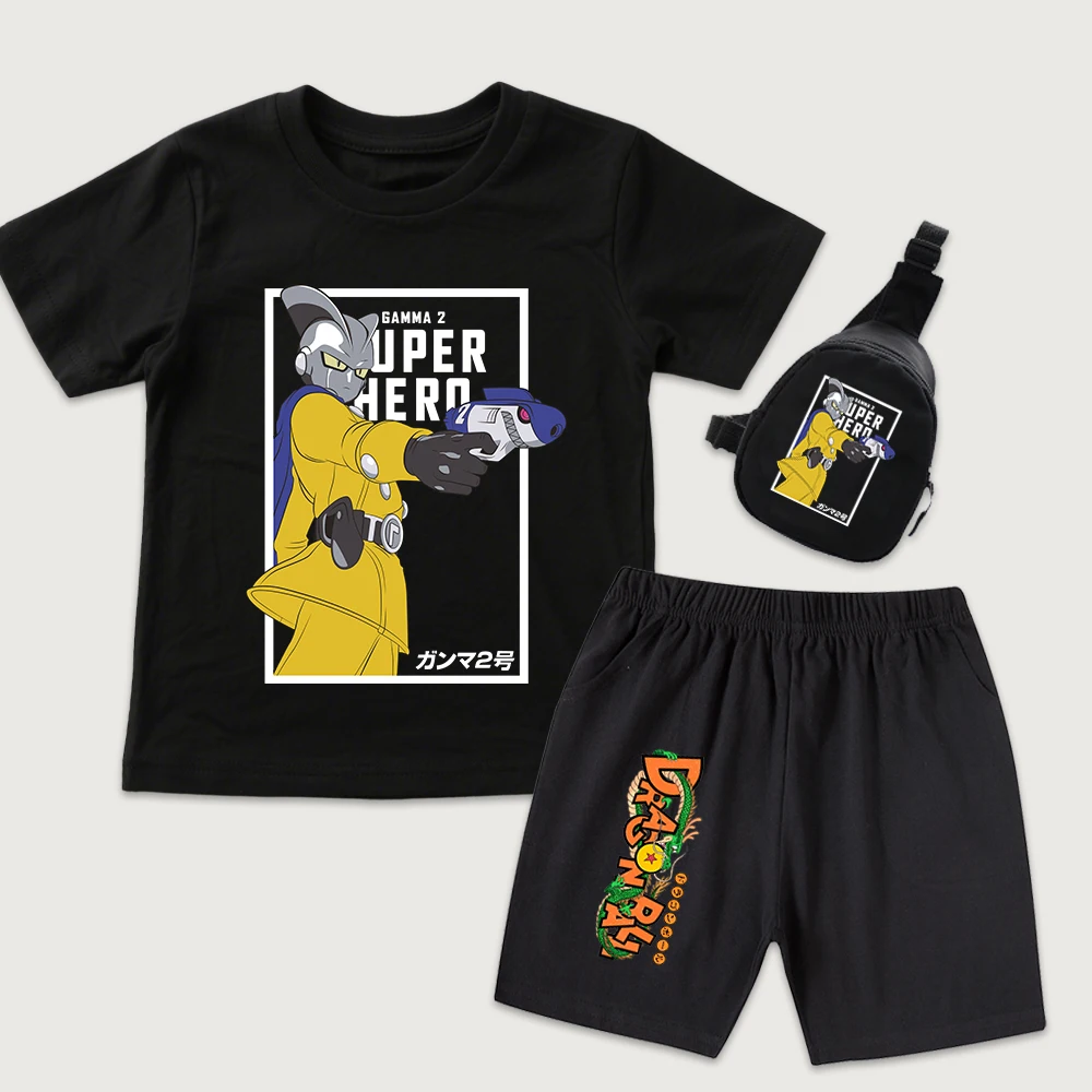 Dbz Gamma 2 Print Kids Cotton T Shirt Shorts Mini Chest Bag 3pcs Set Casual Summer Outfit for Boys Girls Children Daily Wear