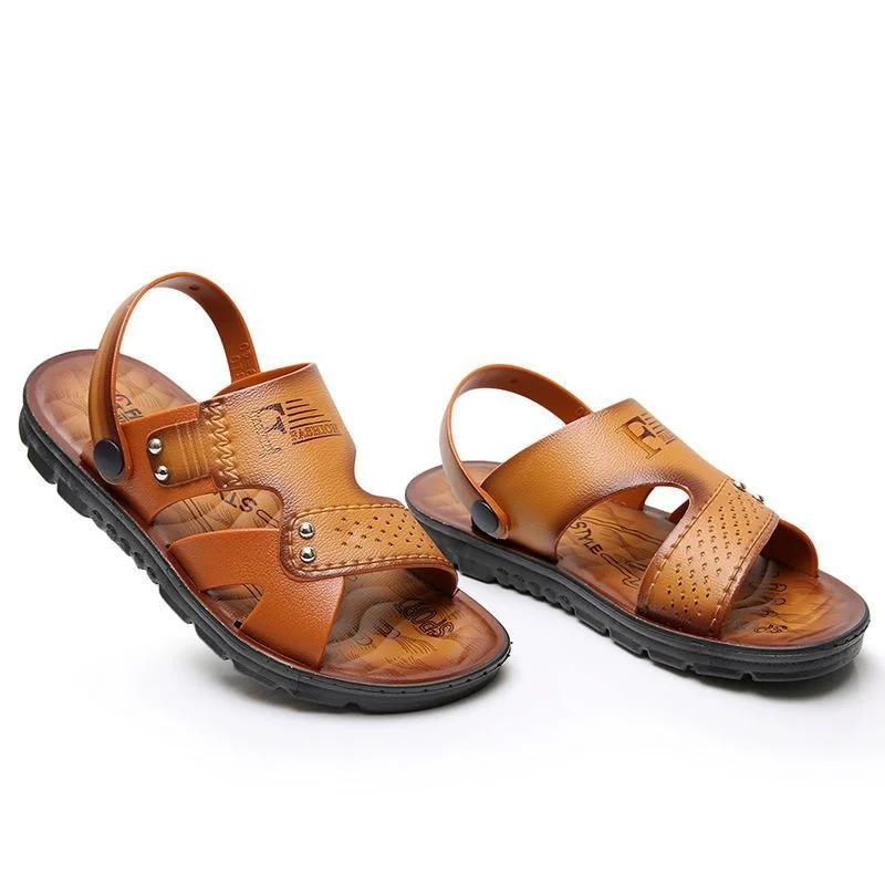 2023 Summer Korean Men\'s Sandals Waterproof Non-slip Genuine Leather Sandals Soft Sole Slippers Breathable Casual Beach Shoes