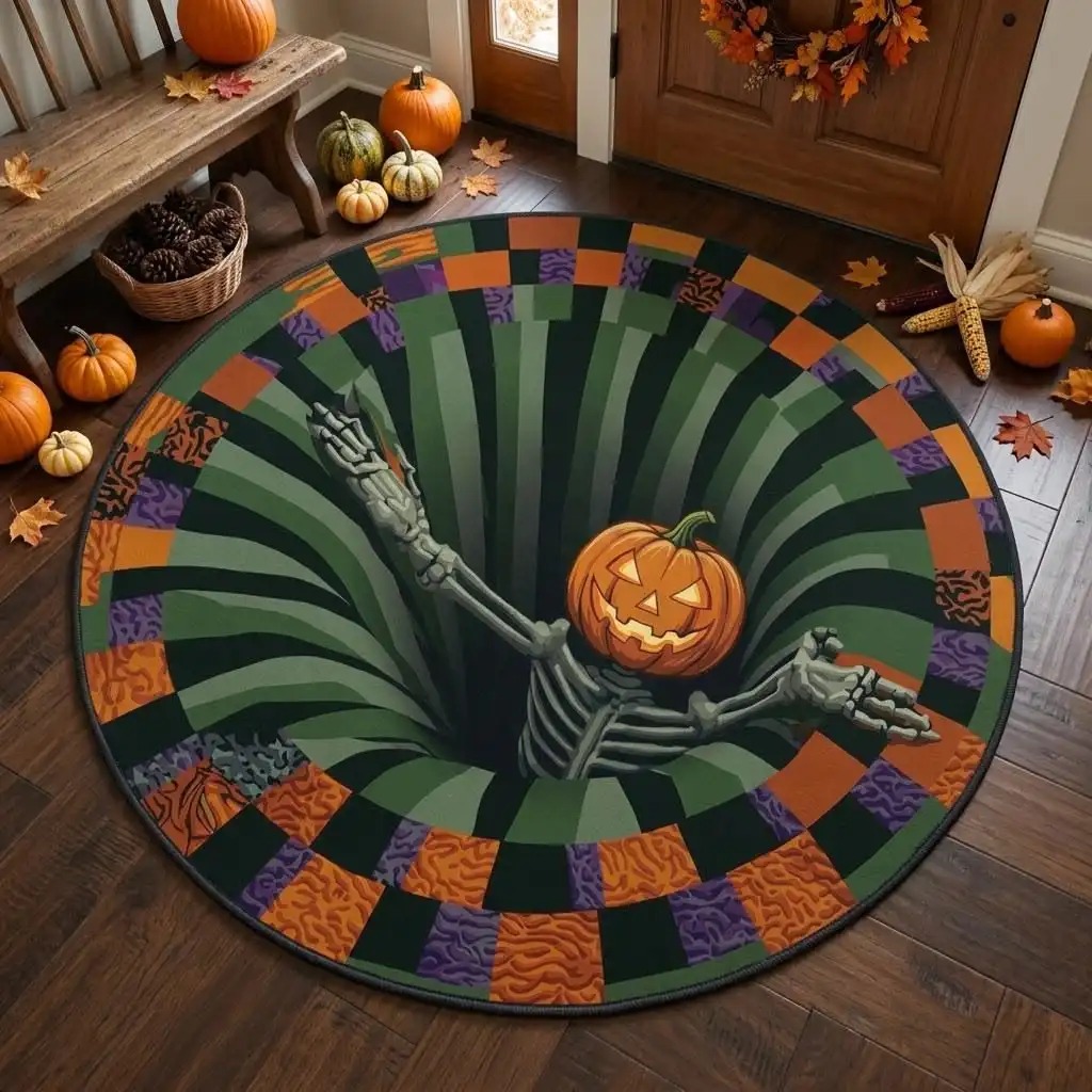 3D Illusion Rug Halloween Skeleton Pumpkin Head Vortex Tunnel Green Orange Print for Living Room Decor