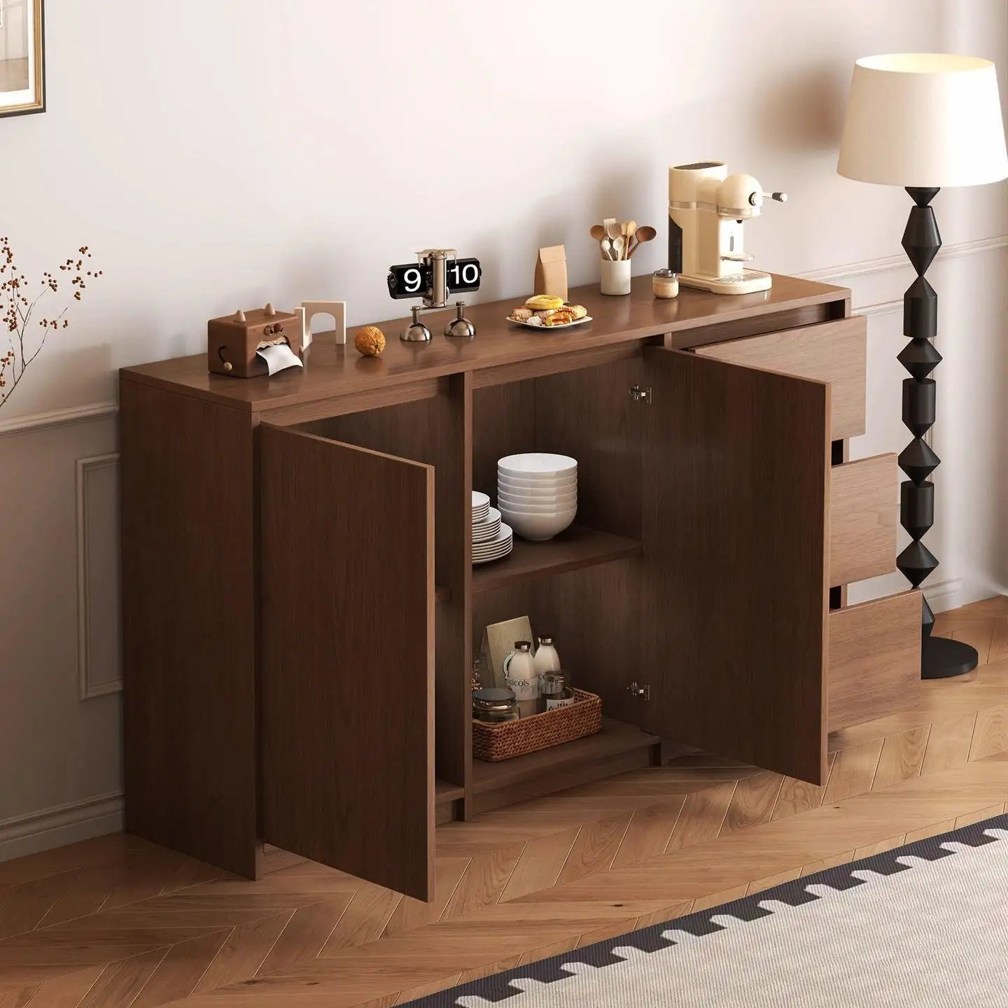 Cave board medieval retro dining  integrated against the wall household coffee machine kitchen living room wine