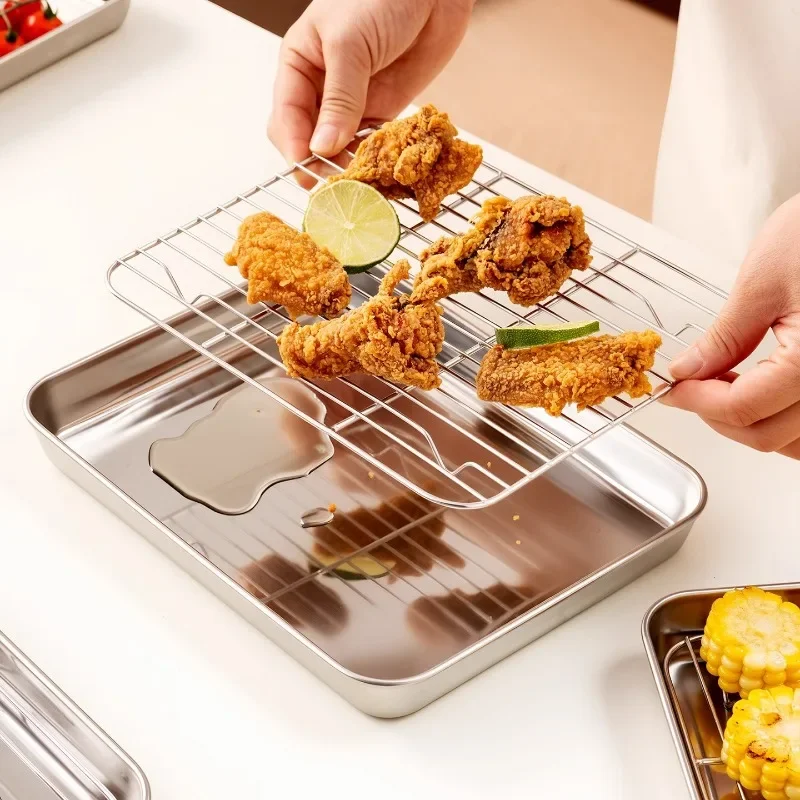 Stainless Steel Drain Tray Oil Control Grid Rectangular Vegetable Preparation Tray Special Tray for Frying Skewers and Barbecue