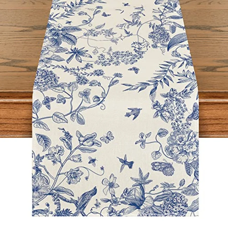 

Monochrome Sketch Birds and Flowers Spring Table Runner, Seasonal Summer Fall Kitchen Dining Table Decoration for Home Party De